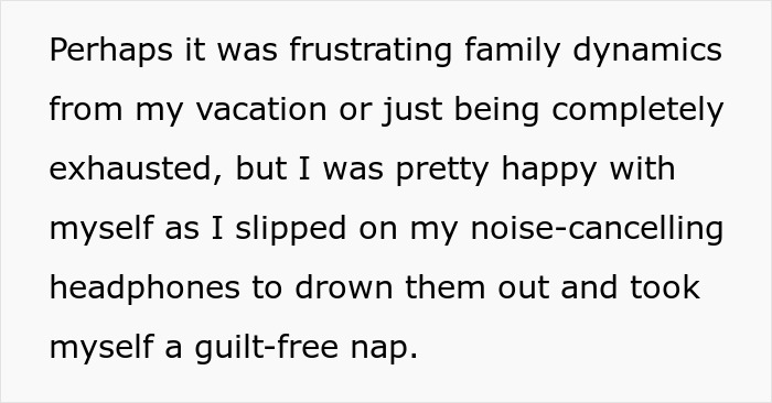 Text about woman enjoying a guilt-free nap on plane wearing noise-cancelling headphones, refusing to give up seat.