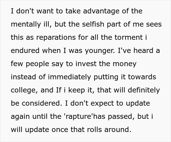 Text excerpt discussing investing money, reflecting on Christian rapture beliefs and future financial plans.