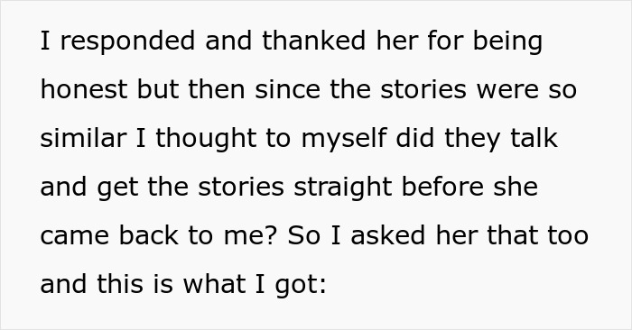 Text excerpt showing a personal response and follow-up about stories before referencing found another woman Valentine card context.