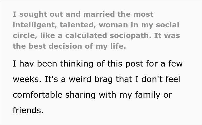 Alt text: Man describes choosing a wife with brains over heart in a calculated and intelligent decision, sparking internet discomfort.