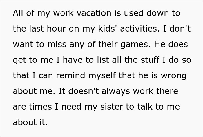 Text excerpt about managing work vacation for kids' activities, reflecting suspicion of husband's coworker and nannying girlfriend's children.