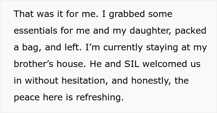 Text excerpt describing a pregnant wife leaving after husband calls her disgusting and ignores their baby.