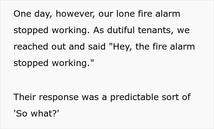 Text excerpt showing tenant complaint about fire alarm malfunction and landlord's dismissive response in landlord malicious compliance drama.