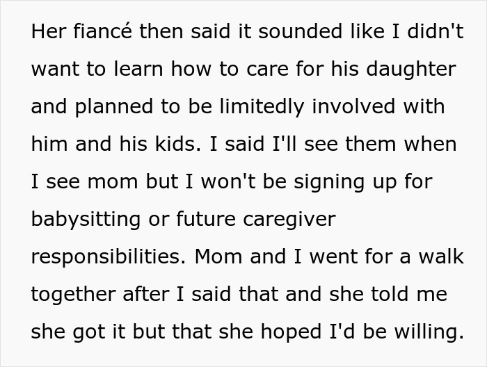 Text excerpt discussing a mom trying to recruit her 20-year-old son to care for fiance’s disabled daughter and his refusal. Text excerpt discussing a mom trying to recruit her 20-year-old son to care for fiance’s disabled daughter and his refusal.
