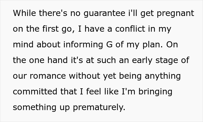 Text excerpt showing a woman debating hiding artificial insemination plans from a new date early in their romance.