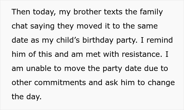 Text message about brother and sister-in-law planning a baby shower on nephew's birthday, causing family tension over overshadowing.
