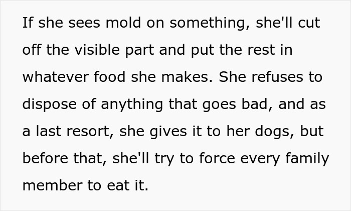Text about cheap MIL feeding spoiled food with mold cut off and forcing family to eat it, showcasing cheap MIL behavior.