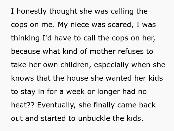 Alt text: Sister threatens to call the cops after woman brings her kids home causing shaking and fake crying reaction.
