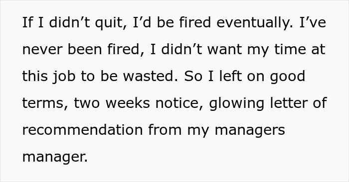 Alt text: Text about quitting job with good terms and recommendation, relating to hurt working mom and ignorant husband themes.