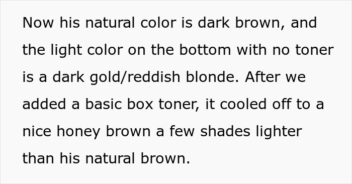 Text describing hair color changes after using a basic box toner, explaining natural and treated shades of brown and blonde. Text describing hair color changes after using a basic box toner, explaining natural and treated shades of brown and blonde.