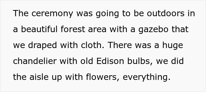 Outdoor wedding ceremony in a forest with a gazebo, chandelier, and flower-decorated aisle before strangers crashed photoshoot.