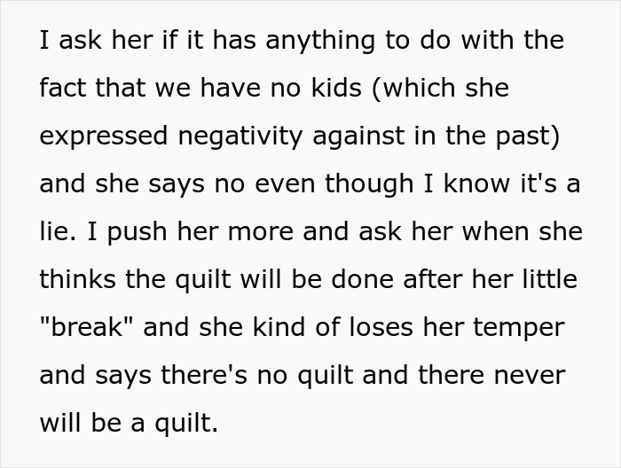 Text detailing a childfree woman confronting her mother-in-law about a family quilt tied to having no kids. Text detailing a childfree woman confronting her mother-in-law about a family quilt tied to having no kids.