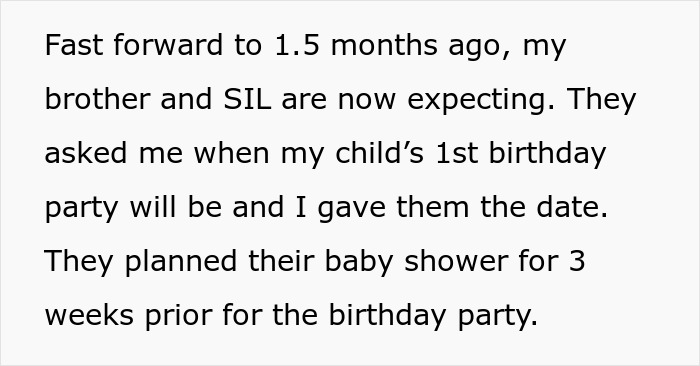 Brother and SIL plan baby shower before nephew's first birthday, causing mom to feel her child is overshadowed.