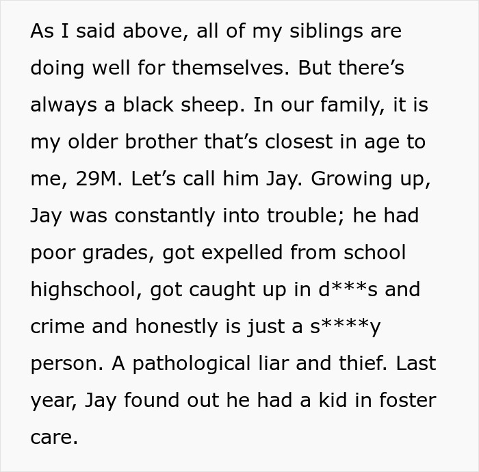 Text excerpt showing a story about a troubled older brother in the context of single mom abandoning toddler parents restart life.