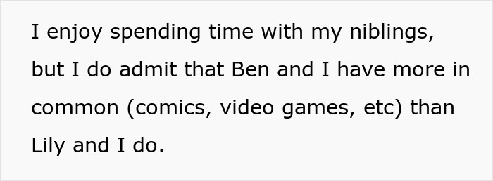 Text discussing a sister accusing favoritism towards nephew Ben over niece Lily, mentioning shared interests.