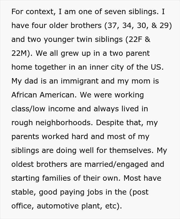 Text excerpt describing a family background and upbringing in a working-class neighborhood with multiple siblings, highlighting life challenges.