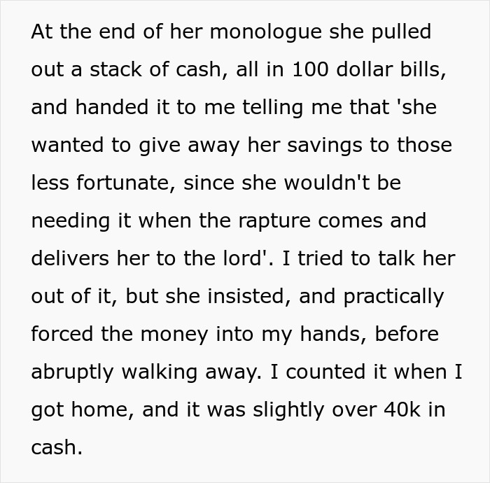 Stack of hundred dollar bills representing Christian rapture money given during a monologue about faith and salvation.