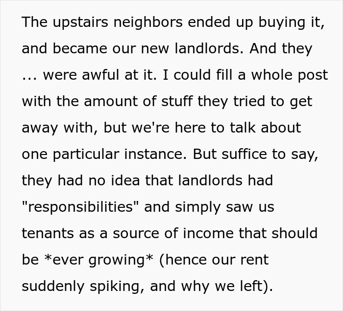 Text excerpt describing landlords who viewed tenants only as income and engaged in questionable practices, highlighting landlord malicious compliance drama.
