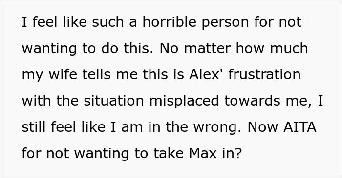 Text expressing guilt over not wanting to take in autistic brother, highlighting sibling clash and care refusal issues.