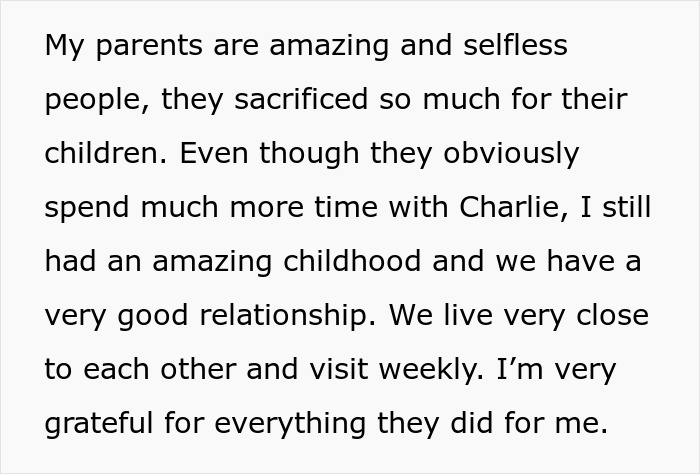 Text excerpt about parents expecting son to care for autistic brother, highlighting family sacrifice and relationship challenges.