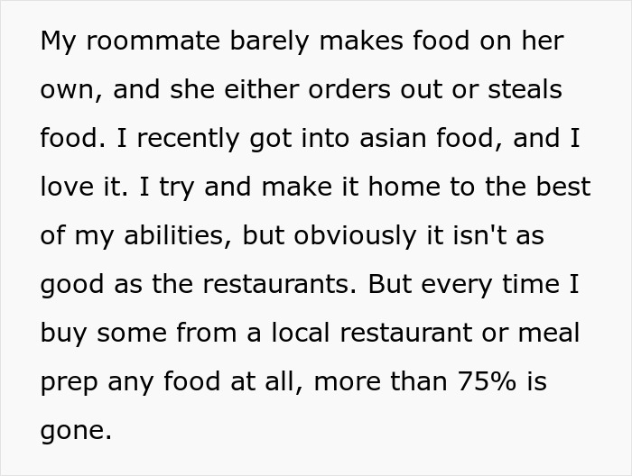 Text discussing a roommate who steals food, linked to a serial food thief with peanut allergy incident.