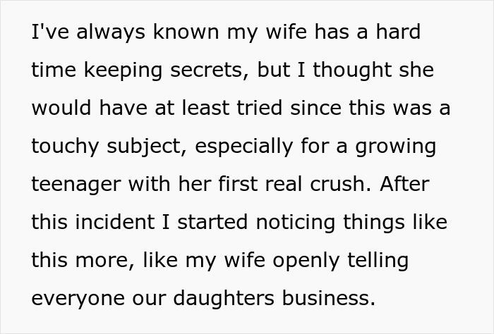 Text about telling wife why daughter doesn&rsquo;t trust, revealing secrets and impact on their relationship with a growing teenager.
