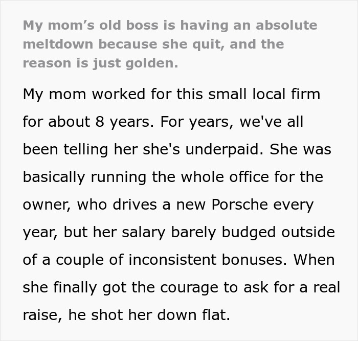 Underpaid employee quits, causing her old boss to have an absolute meltdown over unfair treatment and salary issues. Underpaid employee quits, causing her old boss to have an absolute meltdown over unfair treatment and salary issues.