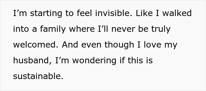 Text expressing feeling invisible and unwelcome in inlaws&rsquo; family, questioning sustainability of marriage amid divorce concerns.