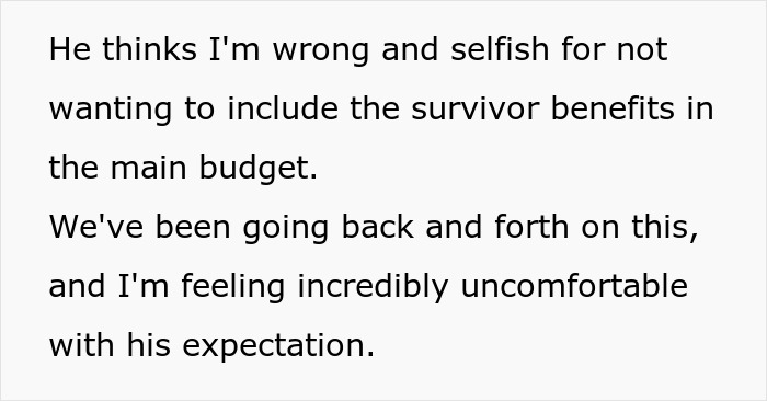 Text discussing discomfort over including survivor benefits in the family budget amid tension about greed.