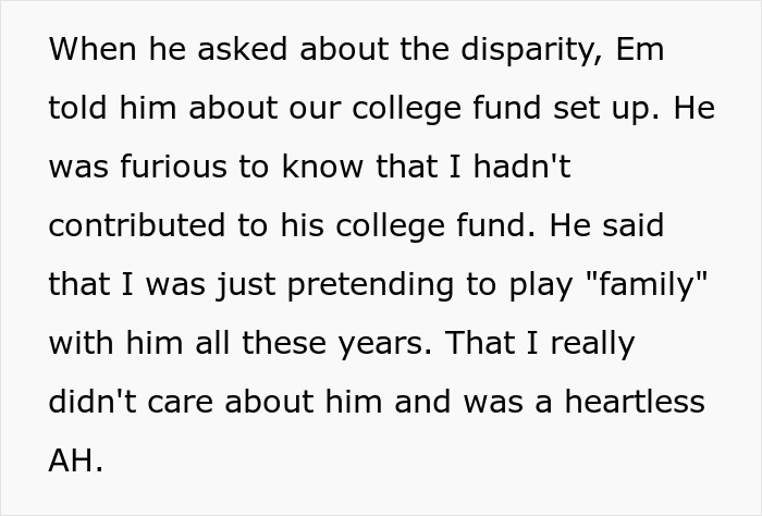 Text about a man denying his stepson&rsquo;s pleas to contribute to his college fund, creating family tension.