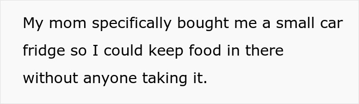 Text on a whiteboard reading about a small car fridge bought to keep food safe from a serial food thief with peanut allergy.