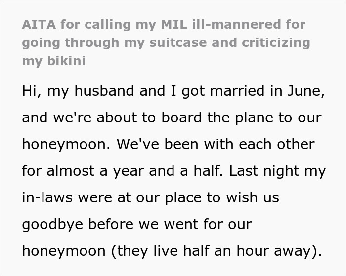 Text excerpt discussing a mother-in-law criticizing a bikini found in a suitcase before a honeymoon trip.