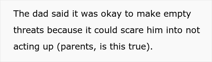 Text image showing a discussion about a dad saying empty threats could scare a kid into better behavior.