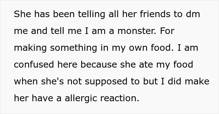 Text excerpt from a social media post about a serial food thief with peanut allergy causing an allergic reaction after stealing dinner.