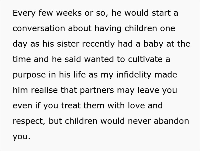 Husband coerces wife into pregnancy as punishment for cheating, using children to maintain control and avoid abandonment.