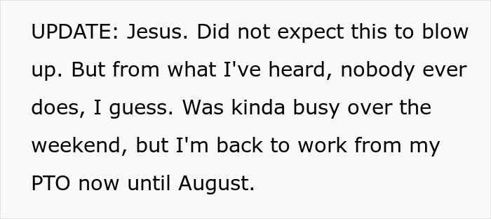 Text update message about unexpected reactions, work schedule, and PTO until August, highlighting disabled bro and entitlement.