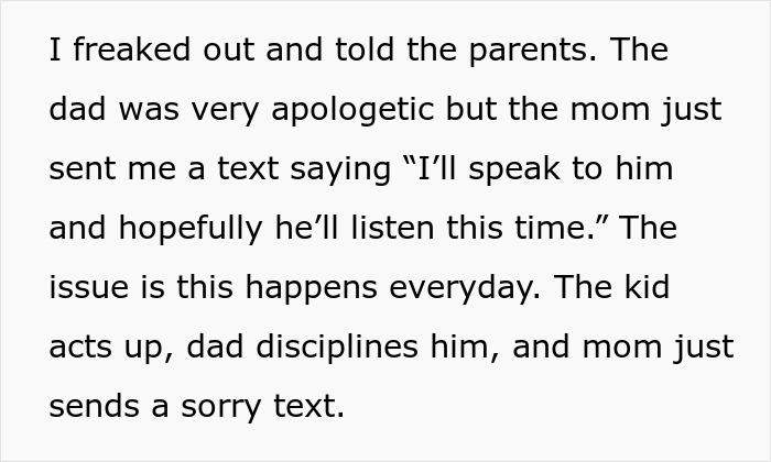 Text about a babysitter dealing with a kid who pours water on a laptop after smashing it to the ground.