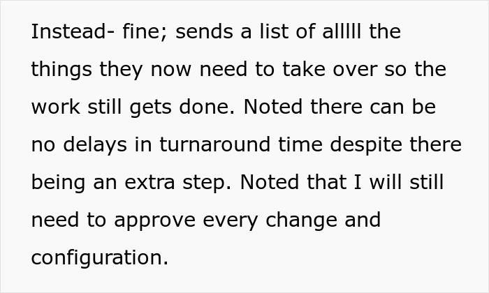 Text showing an engineer sending a detailed list of tasks HR must learn after software access is revoked to ensure work continuity.