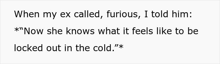 Text on a white background reads a quote about locking someone out in the cold, relating to lady locking out affair partner's kid in winter.