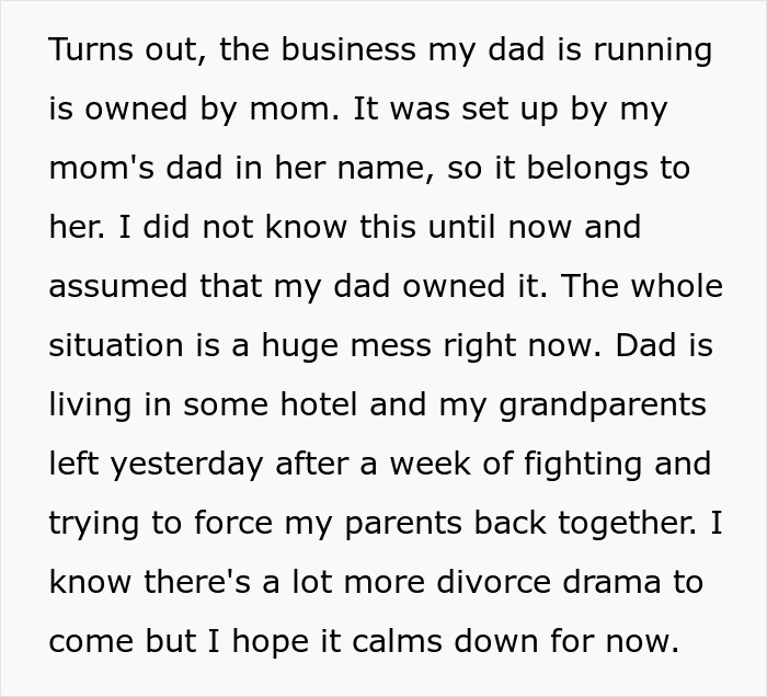 Text describing a messy family situation involving dad, mom, divorce drama, and the impact of an open marriage conflict.
