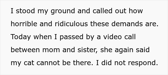 Text about parents trying to get rid of daughter’s cat while pregnant sister visits, causing her to be livid. Text about parents trying to get rid of daughter’s cat while pregnant sister visits, causing her to be livid.