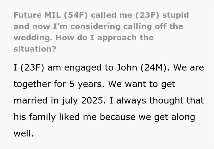 Text post about future MIL branding bride-to-be stupid and fianc&eacute; laughing, causing wedding doubts.