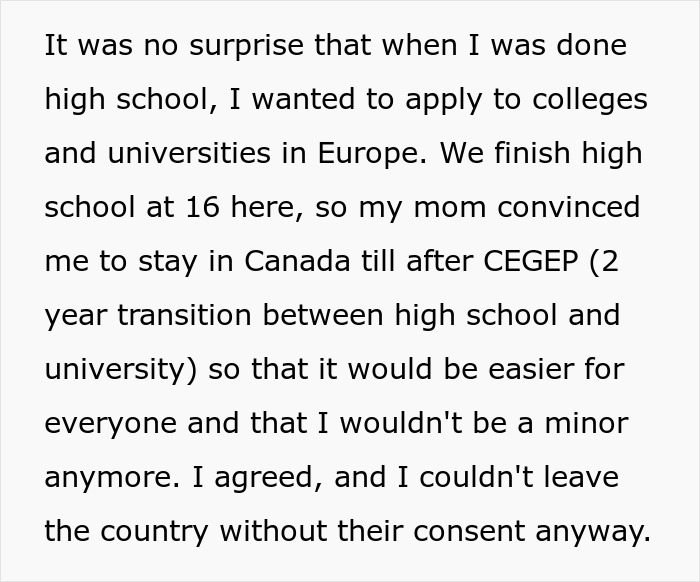 Text excerpt explaining why a woman never got to study abroad, highlighting family influence and consent. Text excerpt explaining why a woman never got to study abroad, highlighting family influence and consent.
