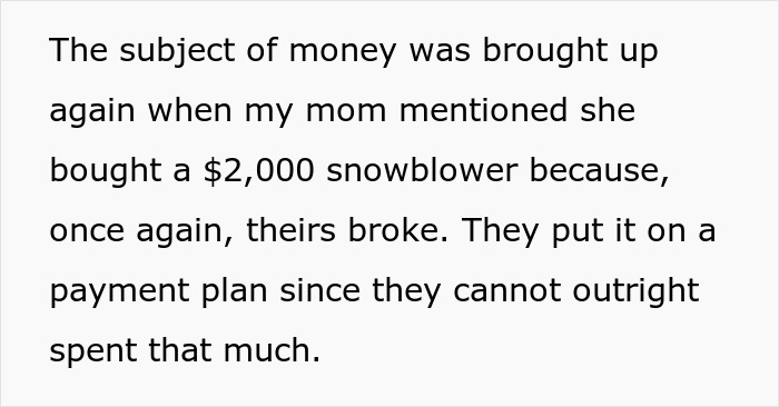 Text discussing a mom retirement plan mentioning money issues and buying a snowblower on a payment plan.
