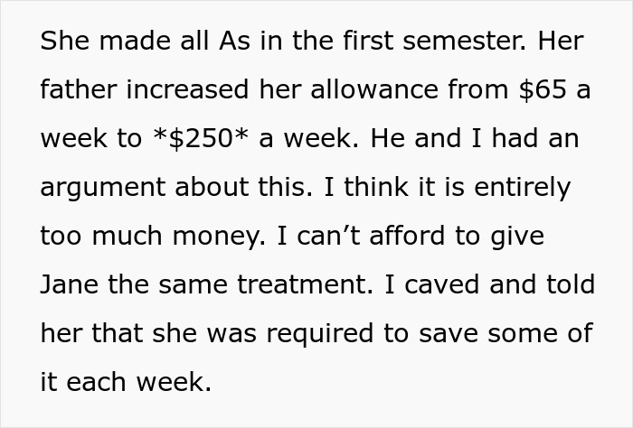 Text discussing a mom telling daughter no expensive items allowed due to unfairness to sibling and increased allowance conflict.