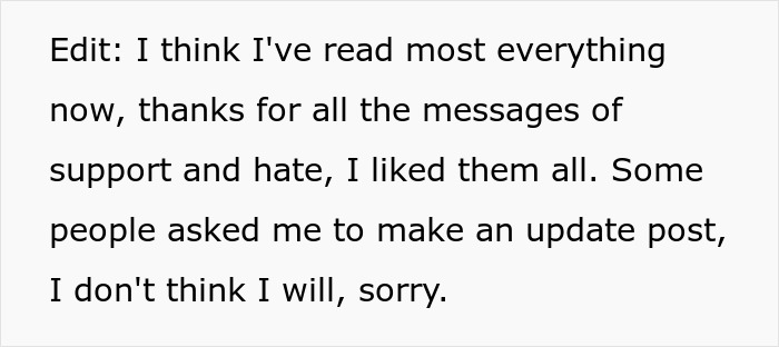 Text-based page showing an edit note about reading messages of support and hate after a 15YO cuddles up against dad controversy.