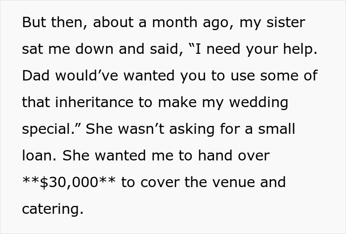 Text about woman&rsquo;s sister asking for 30K to pay for wedding venue and catering, causing conflict.