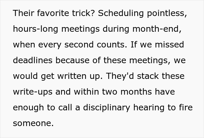 Text excerpt describing scheduling long meetings to trigger write-ups for disciplinary hearings by toxic bosses.