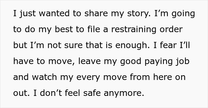 Text of a person sharing their fear of a stalker customer who found their home and rang the doorbell.