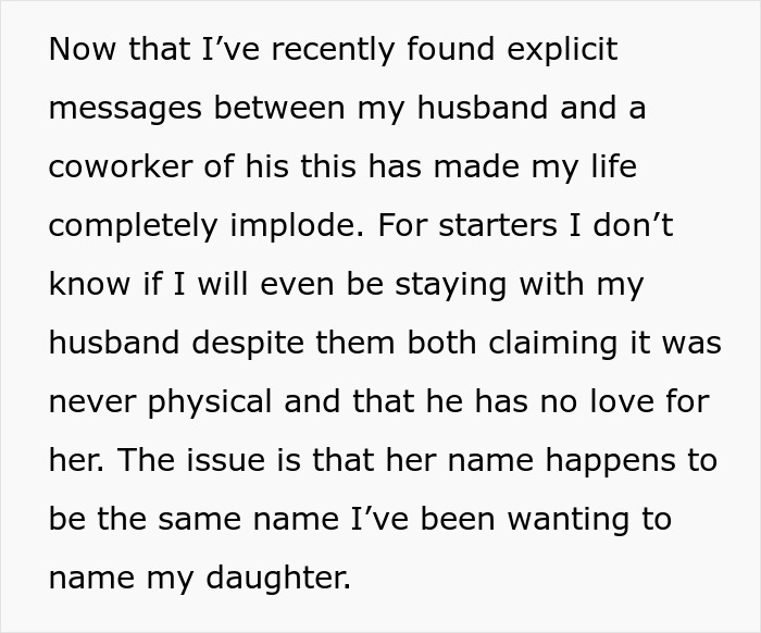 Text excerpt about a pregnant wife shocked to find out about husband's affair with a woman sharing her dream baby name.